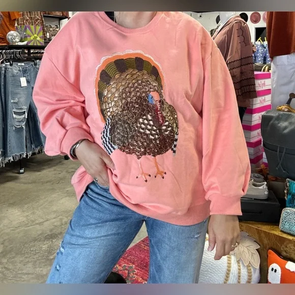 QOS Beaded Peach Turkey Sweatshirt - Picture 1 of 2